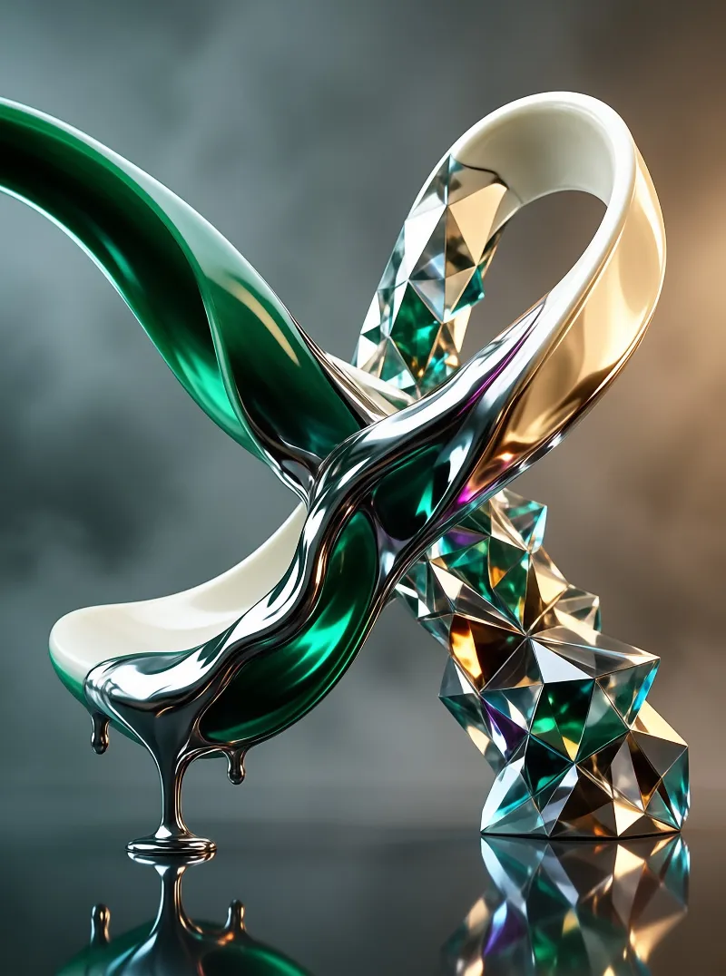 A polished metallic sculpture with green and gold tones and crystalline facets rests on a reflective surface under soft light.
