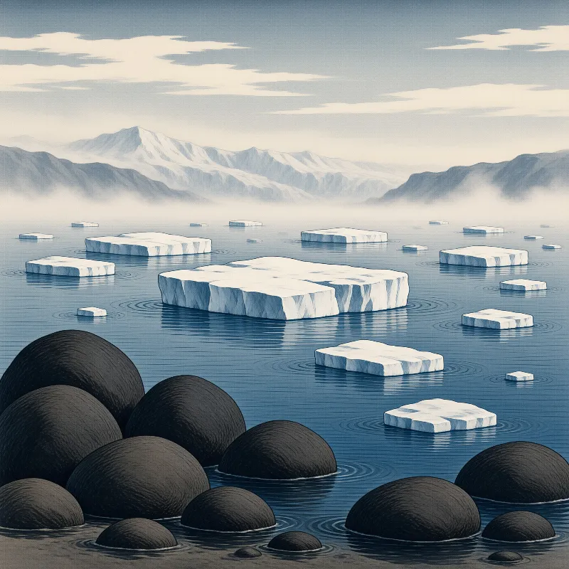 Dark rounded boulders sit in the foreground as white ice floes float on calm blue water beneath distant misty pale mountains.