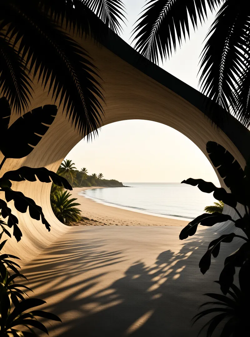 Dark palm fronds frame a curved architectural passage leading to a quiet coastline bathed in warm golden light.