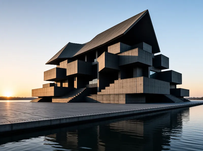 Stacked concrete volumes and a steep folded roof stand on a wide plaza mirrored by still water under a pale sunset sky.