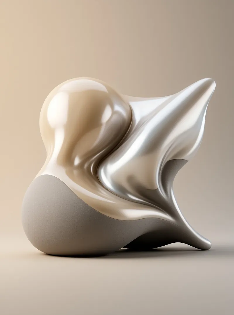 A wavy three-dimensional sculpture with glossy off-white and matte taupe tones rests on a plain warm beige background.
