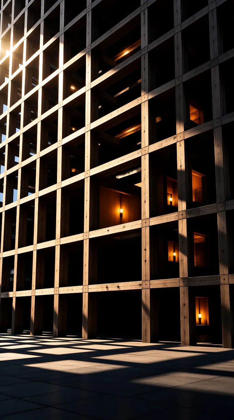 A wooden grid facade glows with warm interior lights while bright sunlight casts sharp shadows on the paved ground.