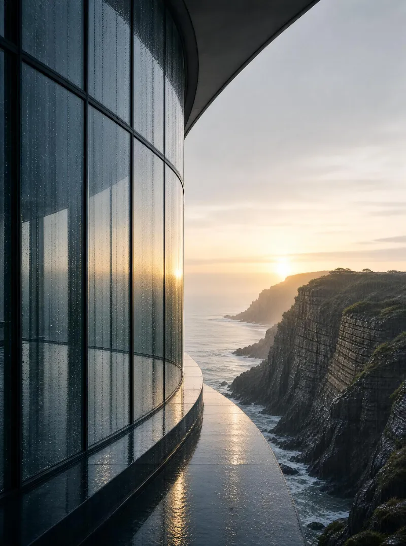 A modern curved glass structure lines a wet walkway along a rocky coastline, with the sun setting over the ocean and cliffs.