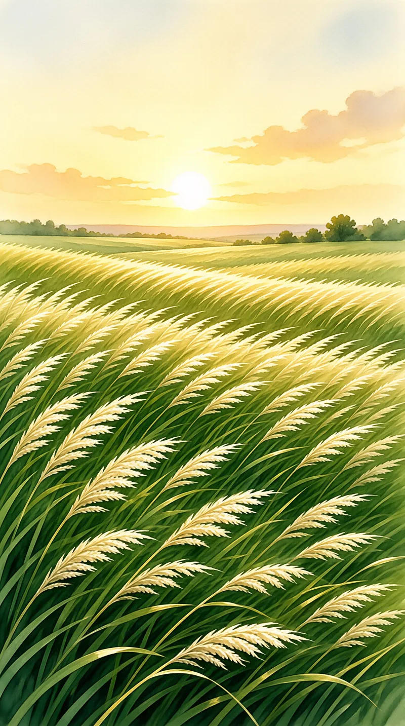 A painted landscape showing tall green stalks with white tops bending in the wind under a bright yellow sky and a low sun.