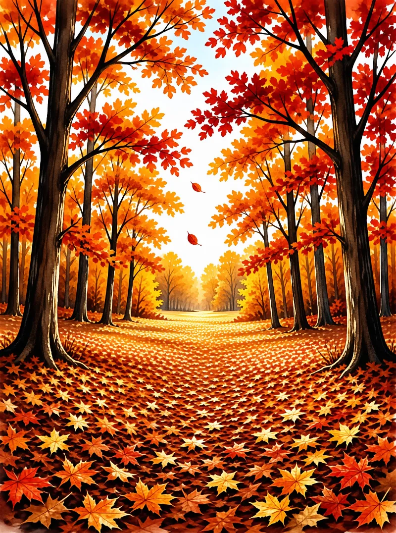 Rows of dark trunks hold orange and crimson canopies above a thick carpet of star shaped maple leaves in soft light.