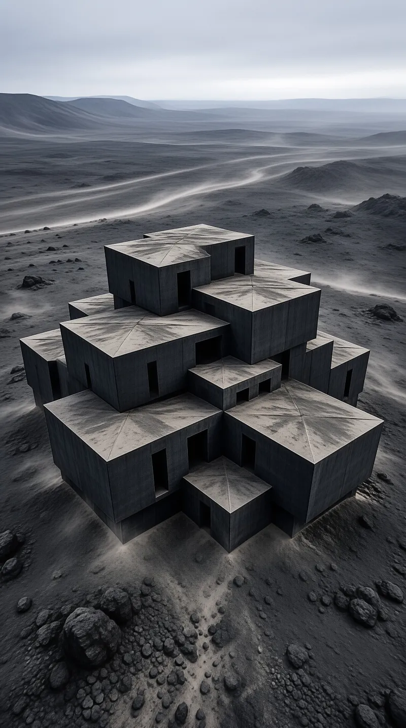 A monolithic concrete building resembling a ziggurat stands alone in a vast, rocky desert under a cloudy sky.