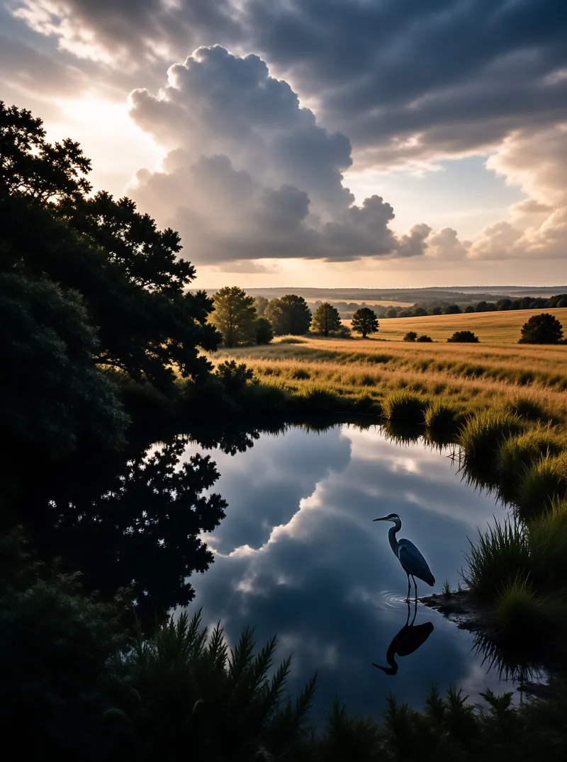 A grey heron stands on the edge of a calm pond reflecting clouds and distant fields during golden hour light.