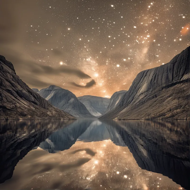 Rugged mountains frame a calm lake that mirrors a dense field of stars under warm sepia lighting.