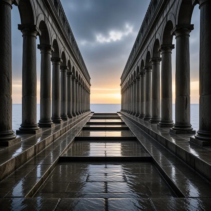 A symmetrical stone colonnade leads along wet steps toward a glowing ocean horizon at dusk