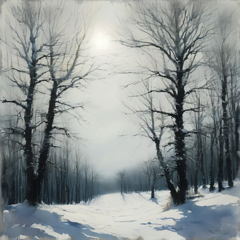 Bare trees line a snowy forest path under a bright sun in a misty winter landscape.