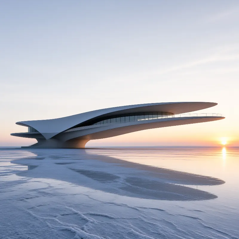 A white architectural structure rests on a flat white expanse under a warm sunset sky.