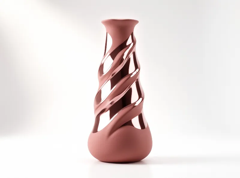 A slender rose gold metal vase with a helical cutout lattice stands on a white surface, its polished edges catching light.