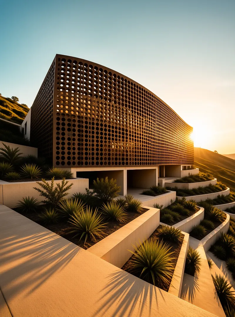 A curved structure with a brown perforated skin sits on a terraced hillside bathed in warm golden sunset light.