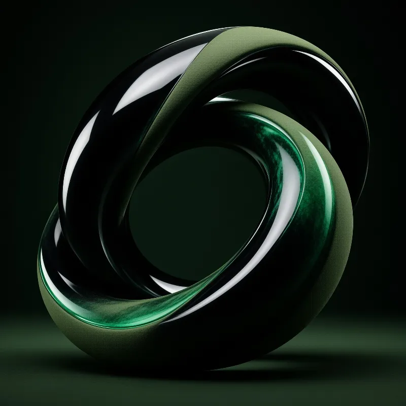 A glossy green twisted ring sculpture rests against a dark background with white highlights on its curved surface.
