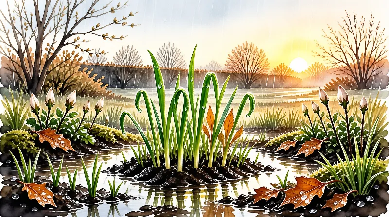 A watercolor painting depicts green shoots emerging from wet dark soil surrounded by puddles and fallen orange leaves under a gentle rain with a glowing sun in the distance.