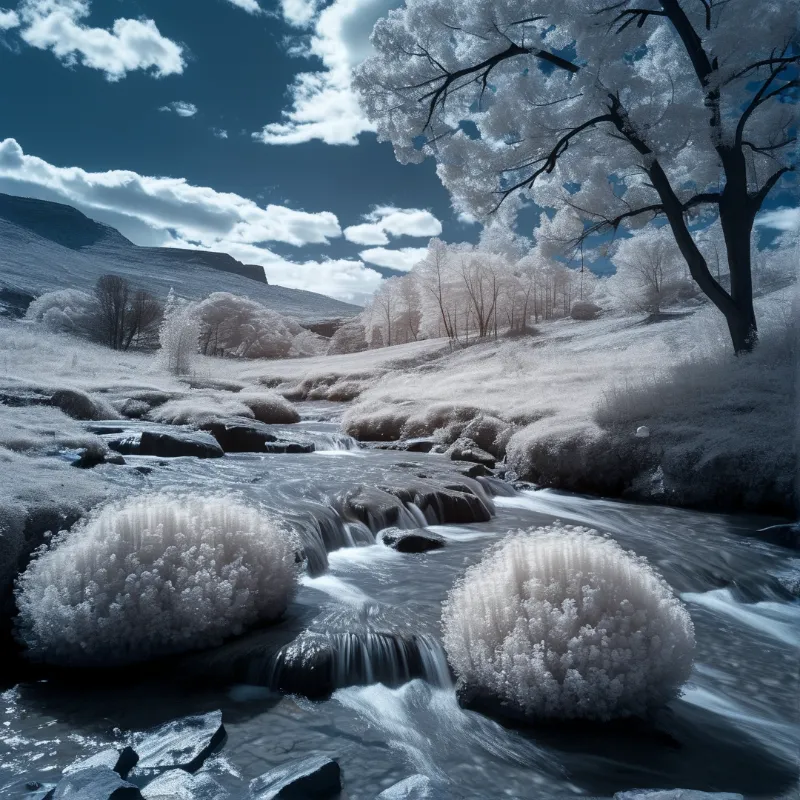A rocky stream cascades past frost-covered boulders with white foliage and a deep blue sky.