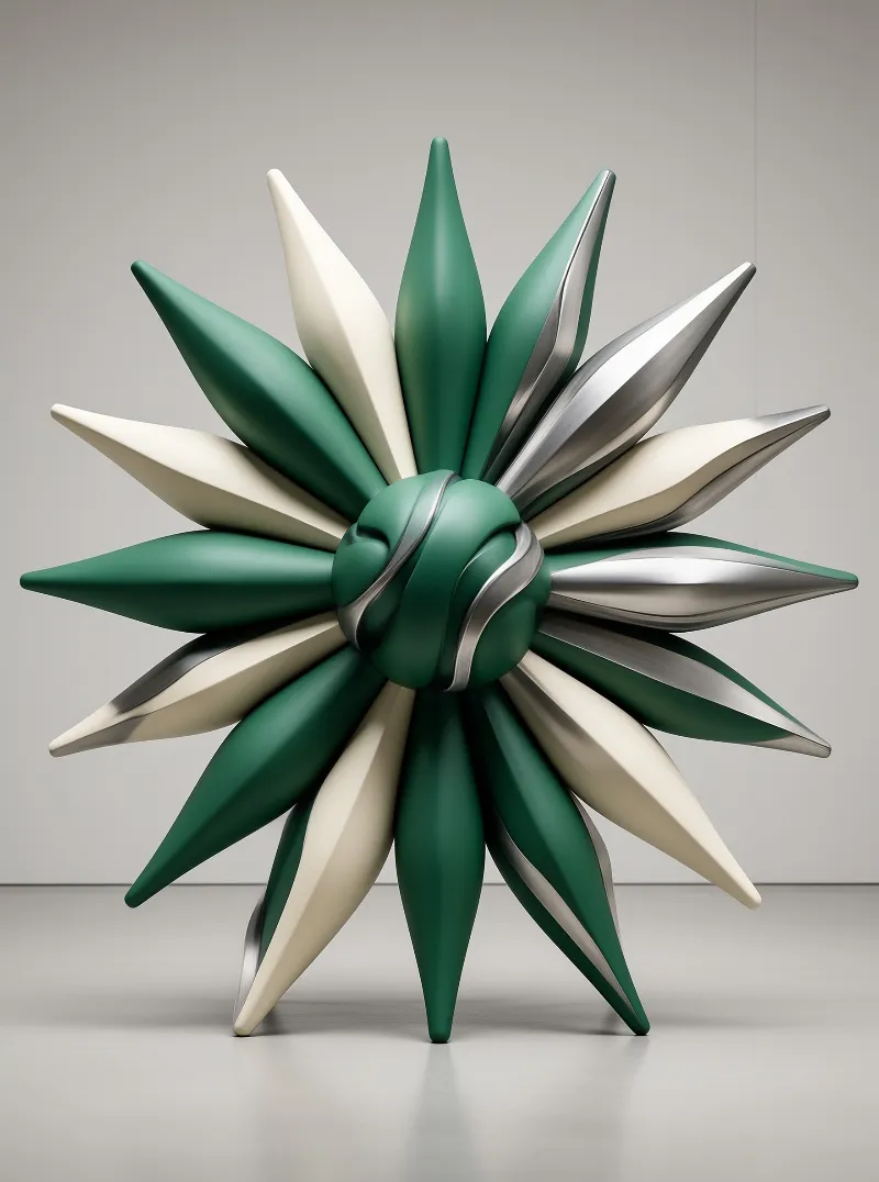 Three-dimensional star sculpture with green and silver petals displayed in a softly lit neutral room