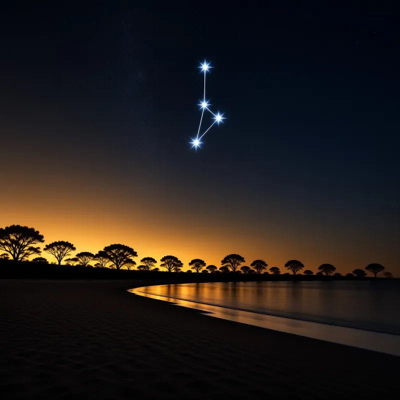 Four bright stars linked in a constellation glow over a dark beach lined with silhouetted pines.