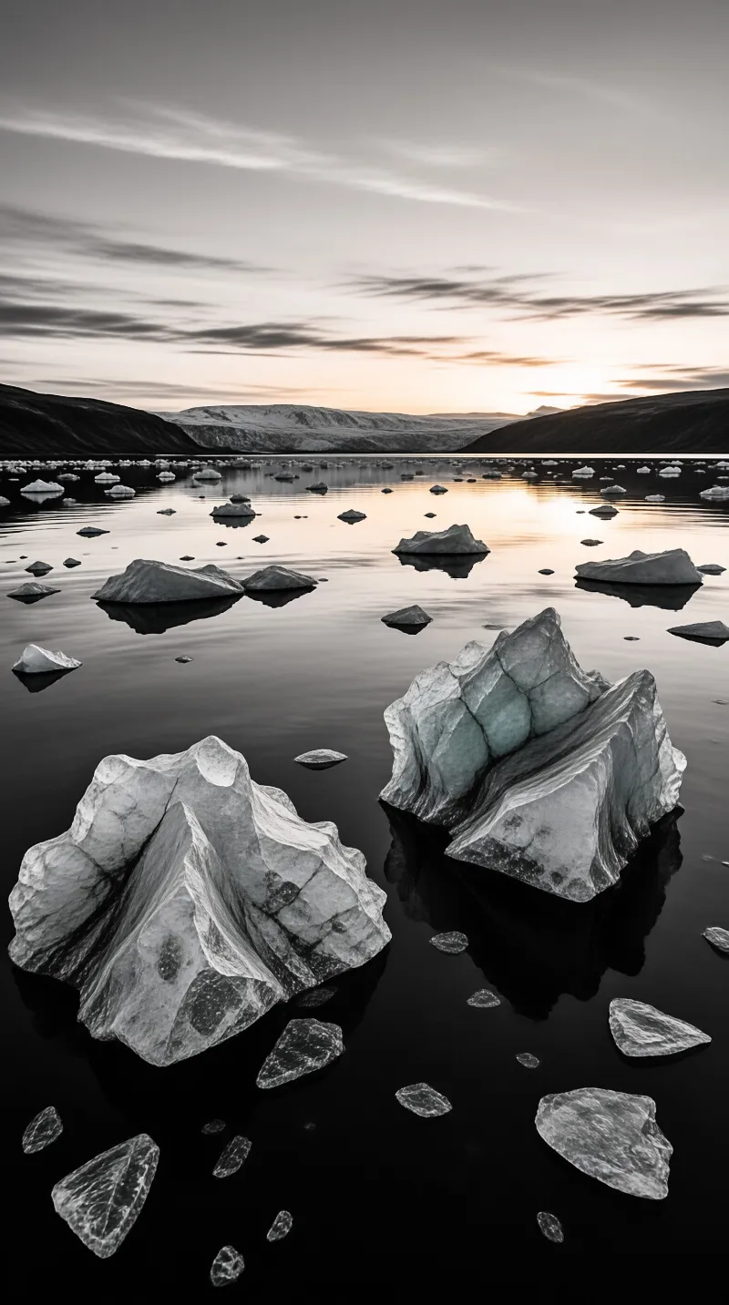 A large translucent iceberg and scattered ice chunks float on the dark surface of a glacial lake near distant mountains.