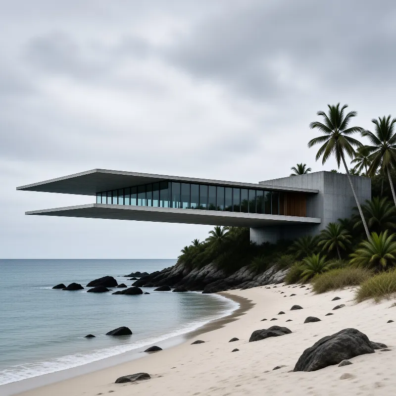 A sleek modern building with large glass windows juts out over a sandy beach with dark rocks under an overcast sky.