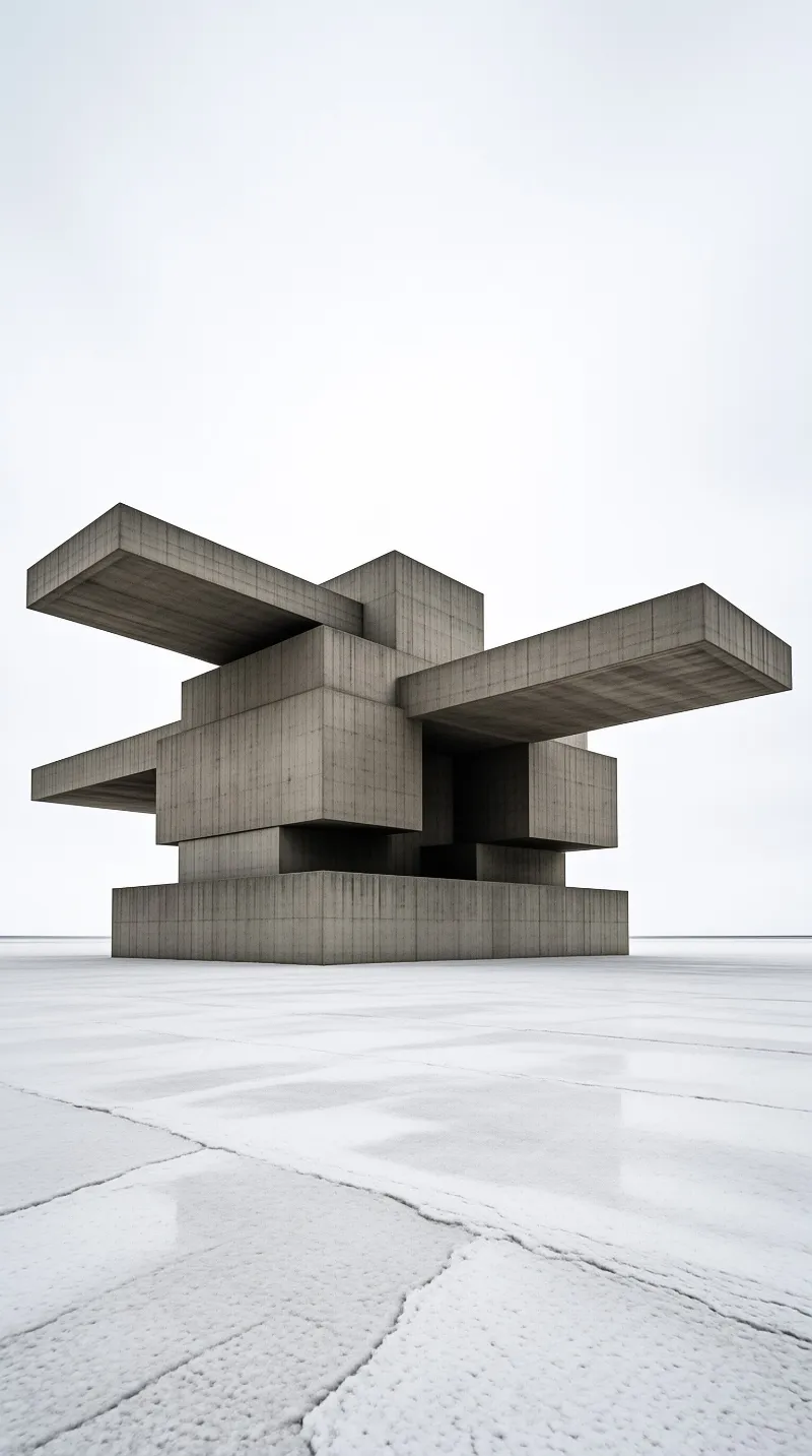 Grey concrete blocks form a cantilevered sculpture on cracked ground under an overcast sky.