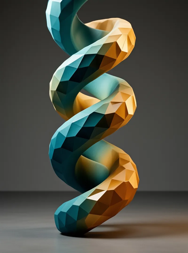 Twisted polygonal form showing gradient colors on a simple background.