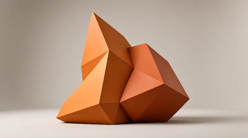 Orange faceted geometric sculpture sits on a pale gray surface with soft even studio lighting and faint cast shadows.
