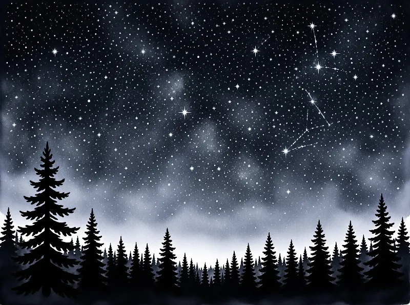 Countless stars and faint constellations sparkle above the black silhouettes of an evergreen forest at night.