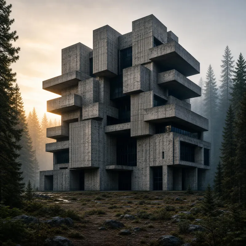 Brutalist Concrete Building in Misty Forest