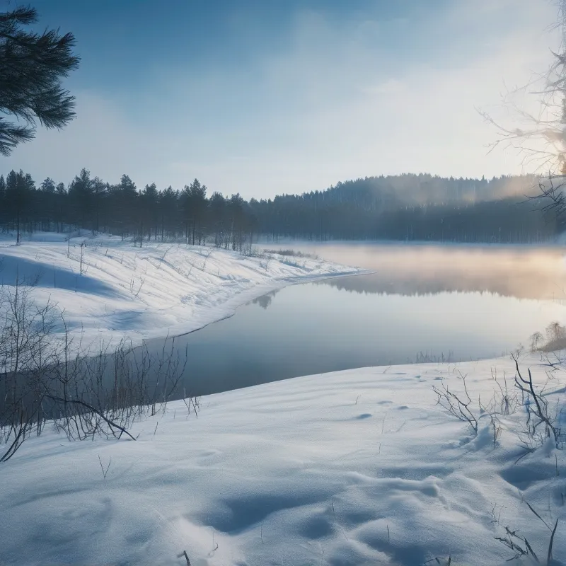 A still frozen water surface reflects the pale sky next to a snowy bank lined with dark coniferous trees.