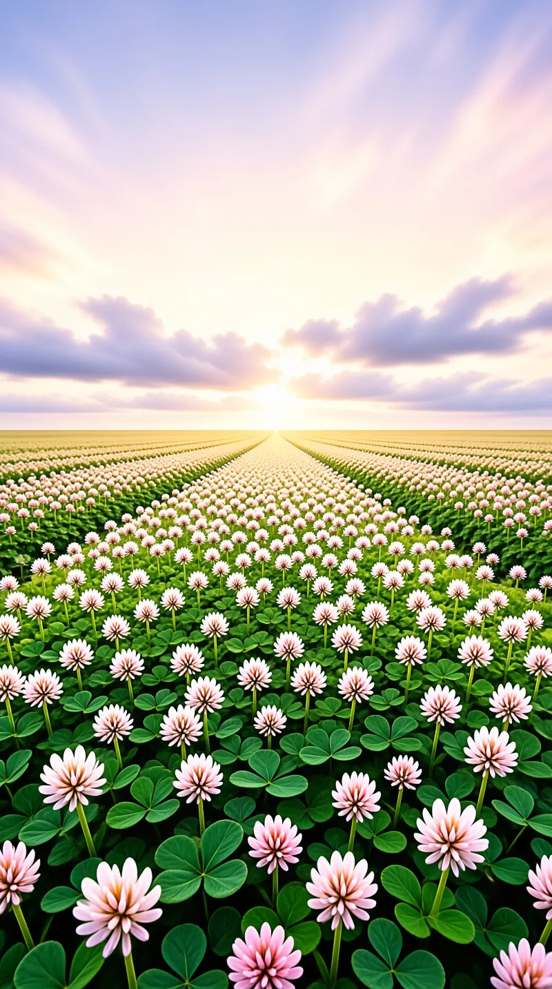 Pink clover flowers bloom across a green field leading to a horizon where the sun sets behind pastel clouds.