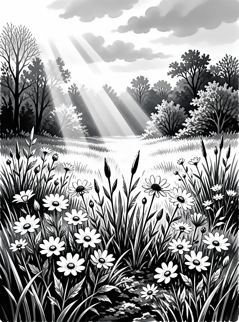Black and white art of a meadow filled with daisies and reeds, lit by sunbeams piercing through clouds and trees.