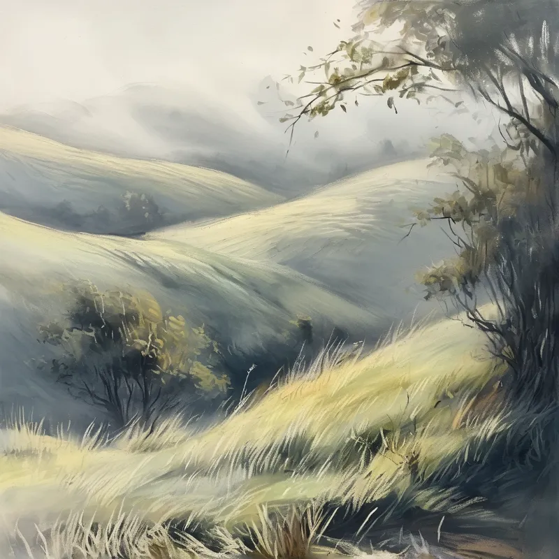 Soft brushwork shapes rolling green ridges under a hazy sky, with a leafy branch leaning in from the right hand slope.