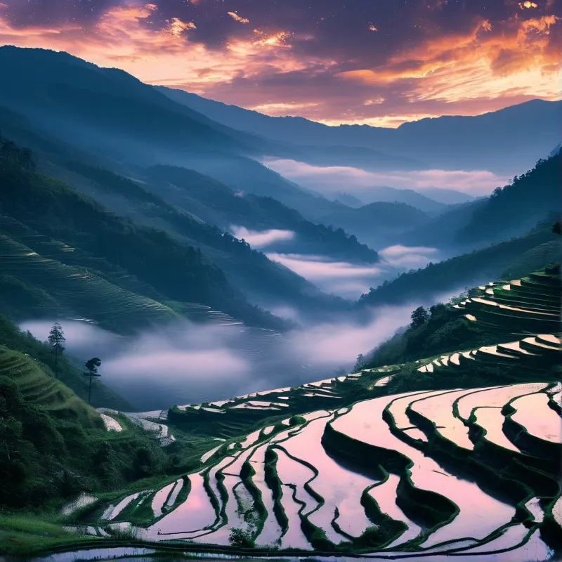 Misty Terraced Rice Fields