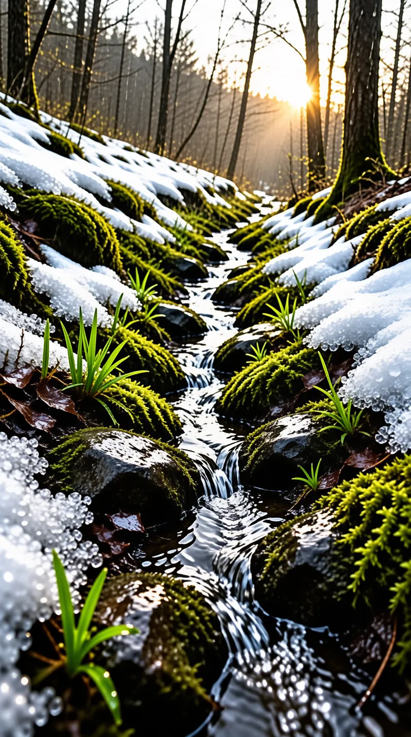 A clear stream flows over rocks covered in green moss and white snow while sunlight filters through the trees.