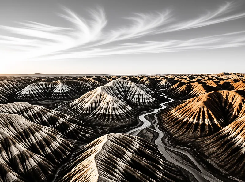 A pale winding river flows through deeply eroded dry badlands, warm sun gilding the ridges under a sky of thin wispy clouds.