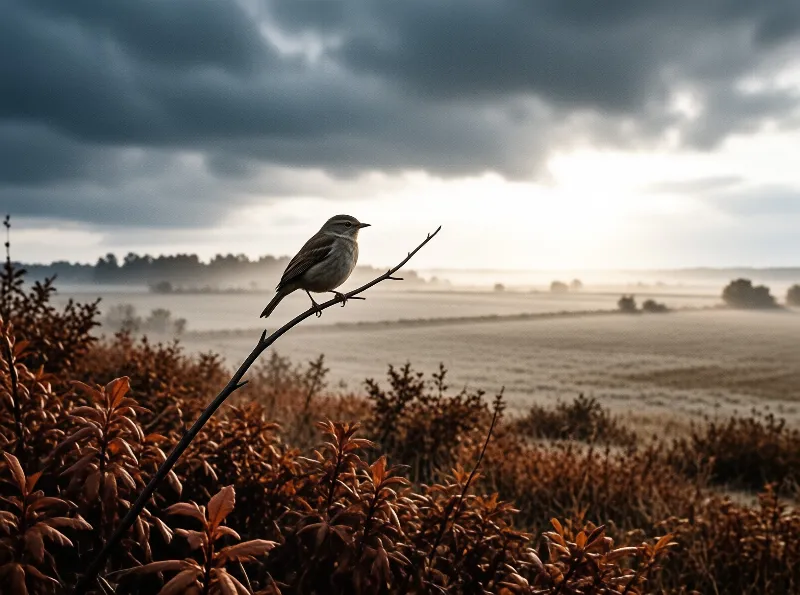 A small bird rests on a bare branch overlooking a fog-covered landscape with heavy clouds overhead.