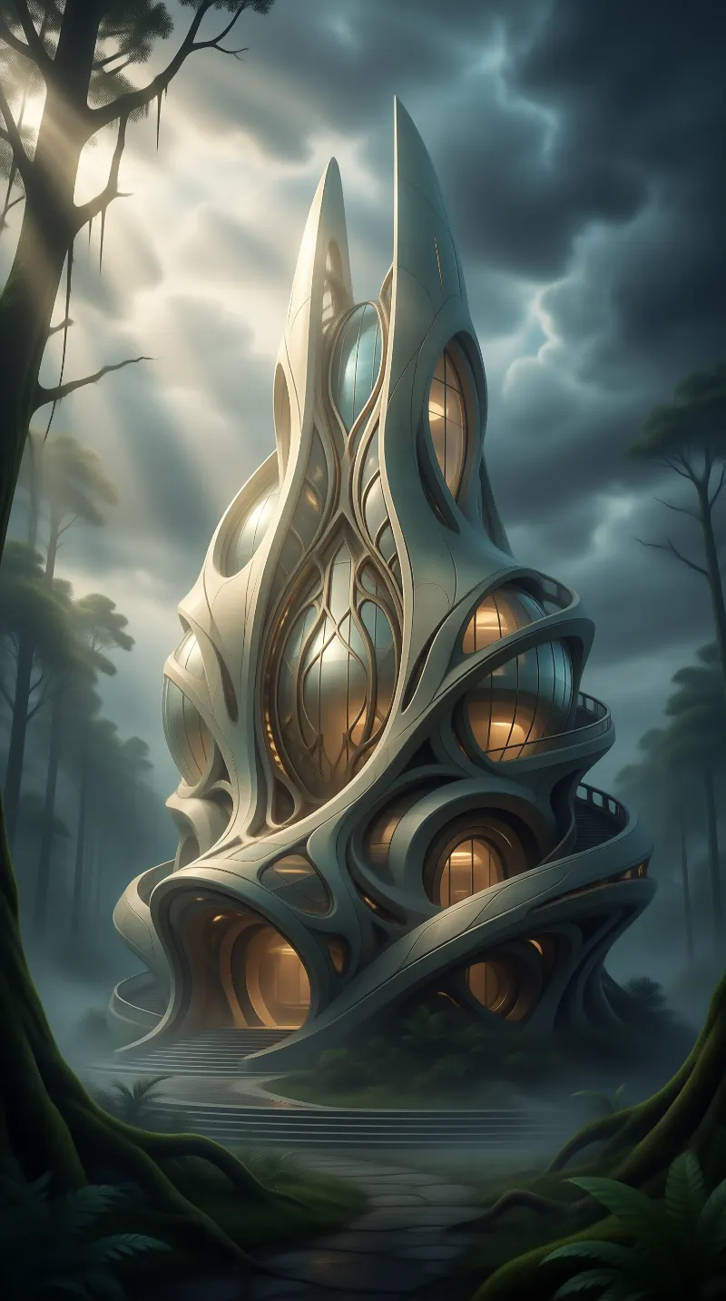 Biomorphic Spire in Misty Forest