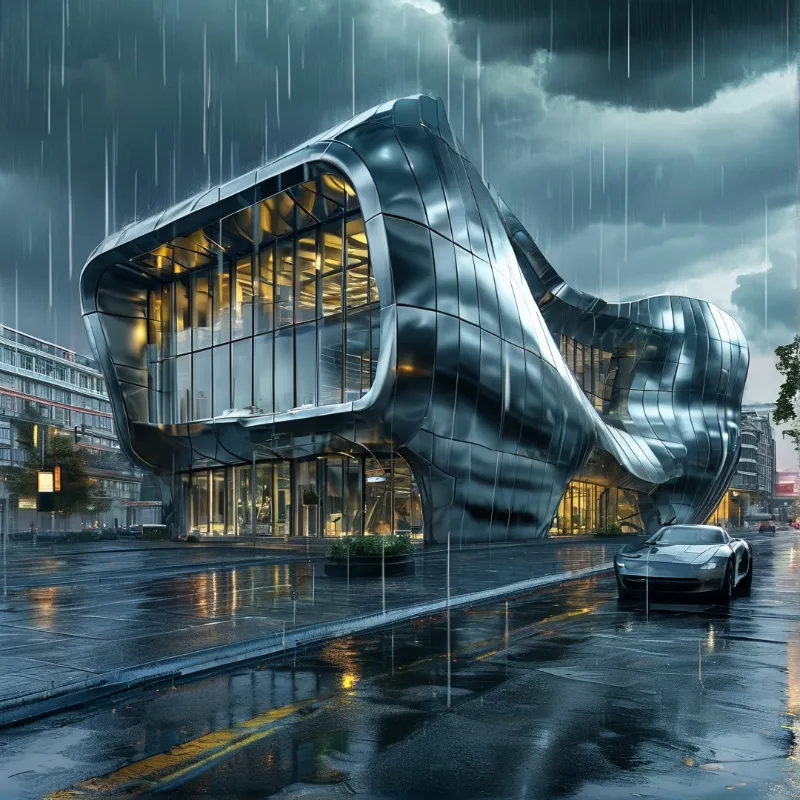 Sculptural metallic facade building lit from within as rain soaks the wet city street, reflections glowing on pavement