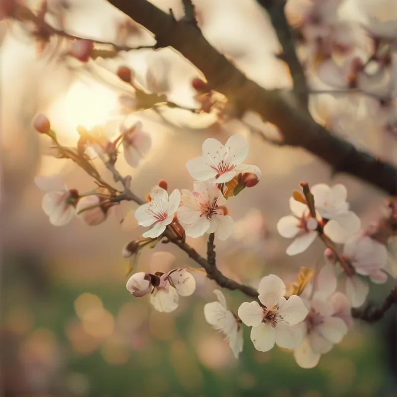 Delicate white blossoms bloom on dark tree branches bathed in soft golden sunlight with a dreamy blurred background.