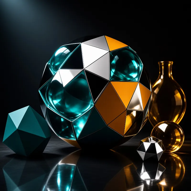 A large faceted sphere with teal and gold segments sits beside a golden vase and smaller shapes on a dark floor.