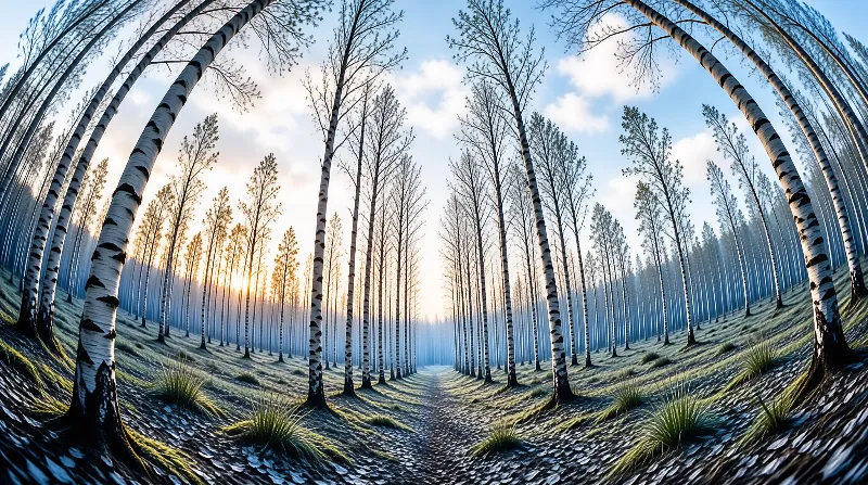 White birch trees line a curved path through a misty woodland as the sun rises low casting shadows across the grass.