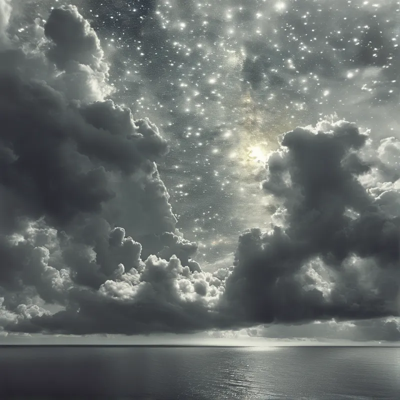 Large dark cumulus clouds frame a brilliant starry sky above a calm dark ocean reflecting a bright central glow in monochrome tones.