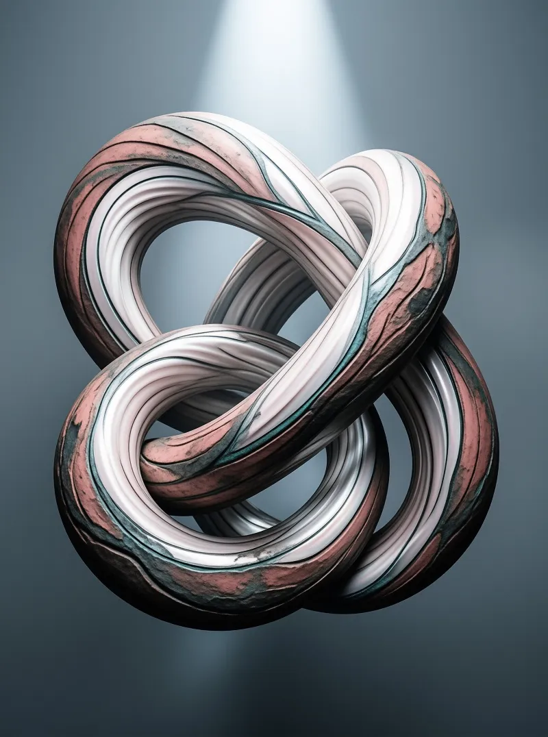 A twisted loop of glossy stone displays pastel pink and charcoal tones under a beam of light against a dark background.