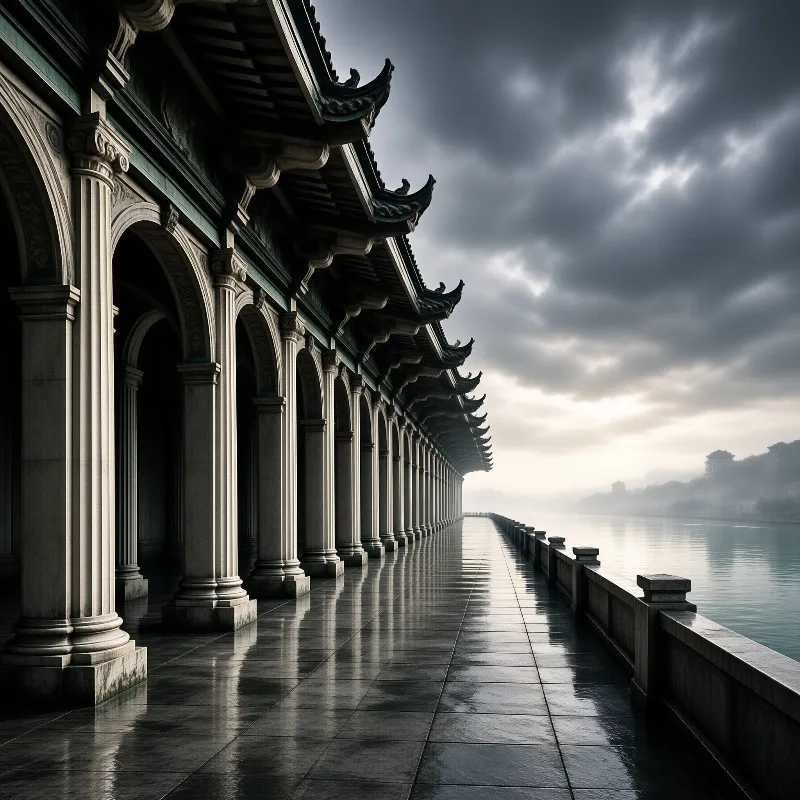 Classical colonnade with East Asian eaves lines a wet stone walkway beside calm water beneath a dramatic cloudy sky.