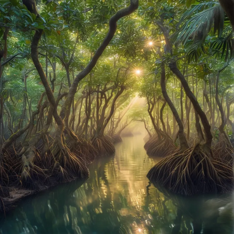 Sunbeams pierce the canopy above a calm channel winding through tangled mangrove roots