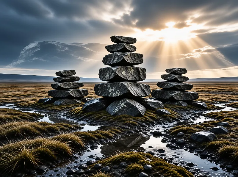 Three dark stone cairns stand in a grassy tundra marsh, bright sunbeams breaking through clouds above a snow capped mountain.