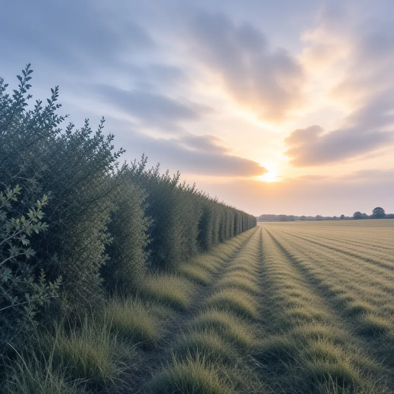 Rows of mown grass stretch towards the horizon next to a dense leafy hedgerow under soft morning light.