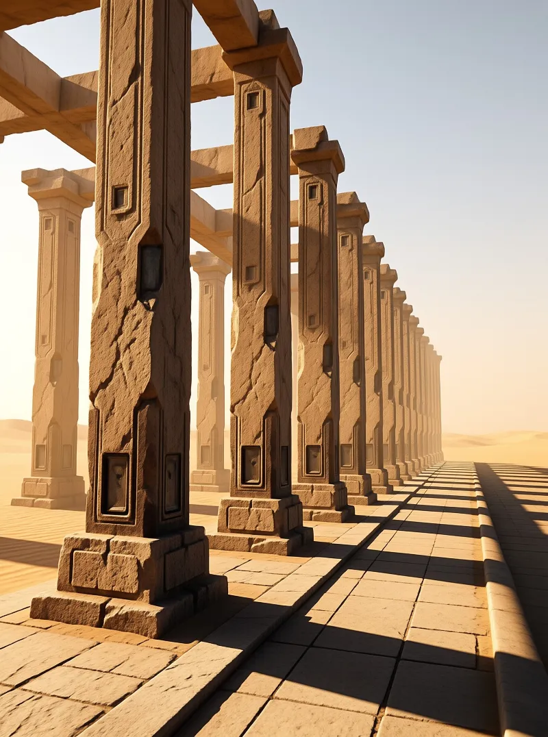 Rows of stone pillars line a paved path through a sandy desert, bathed in warm sunlight casting long shadows.