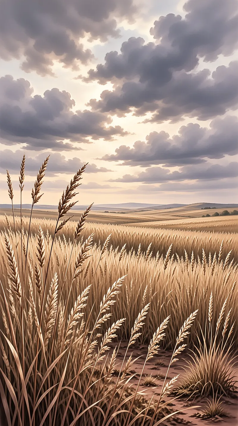 Golden wheat stalks rise in the foreground before rolling hills beneath heavy clouds lit by soft sunset light.